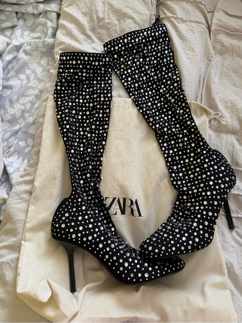 Zara Black Embellished Over-the-Knee Stiletto Boots